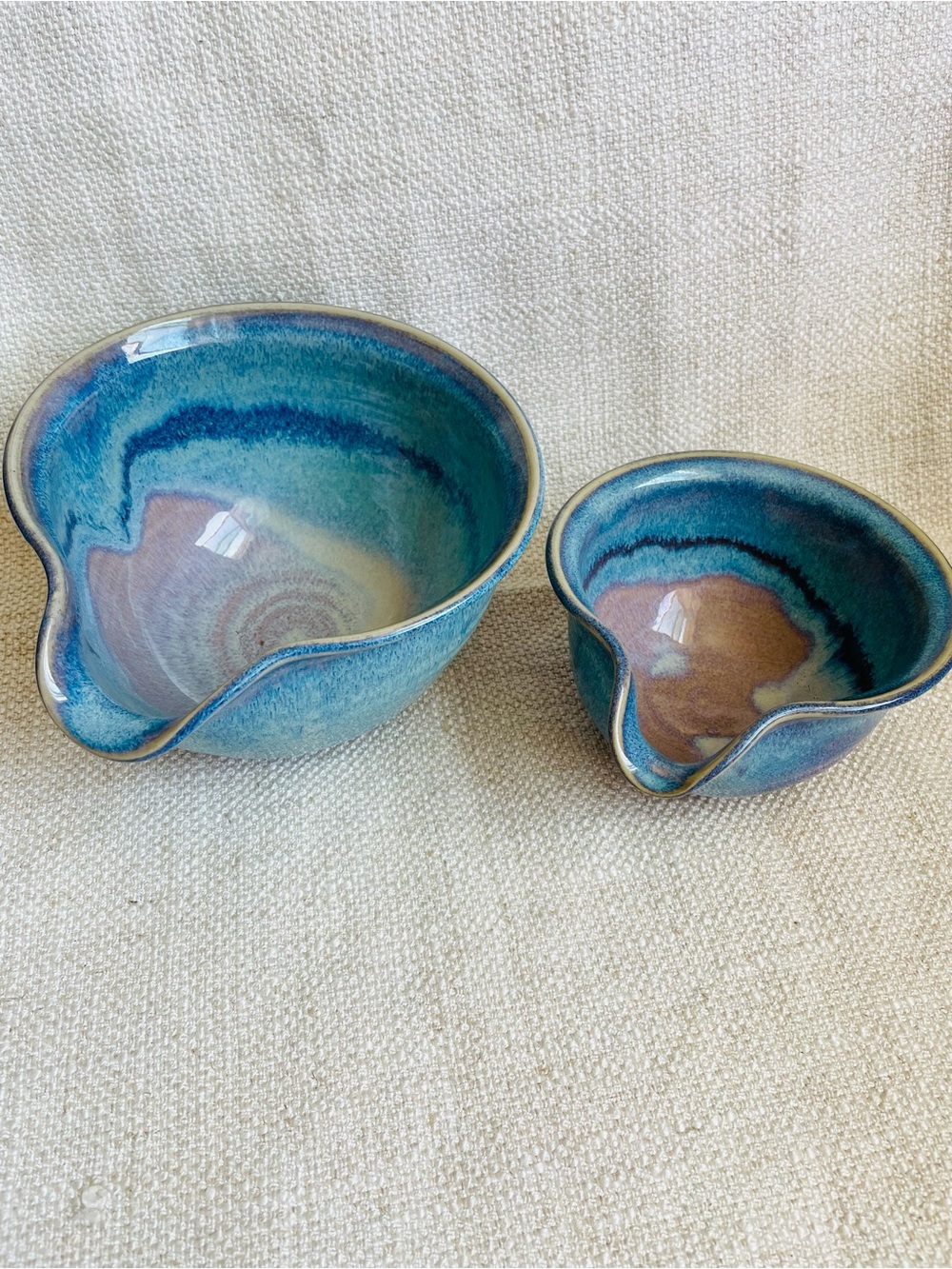 (2) Art Pottery Studio Glazed Ceramic Handcrafted Blue Pink Mixing Spout Bowls